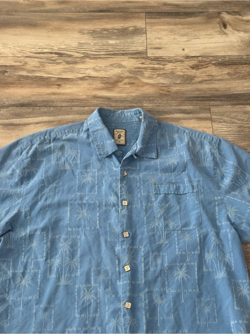 Jamaica Jaxx blue silk button-up palm tree pattern and square buttons XXL